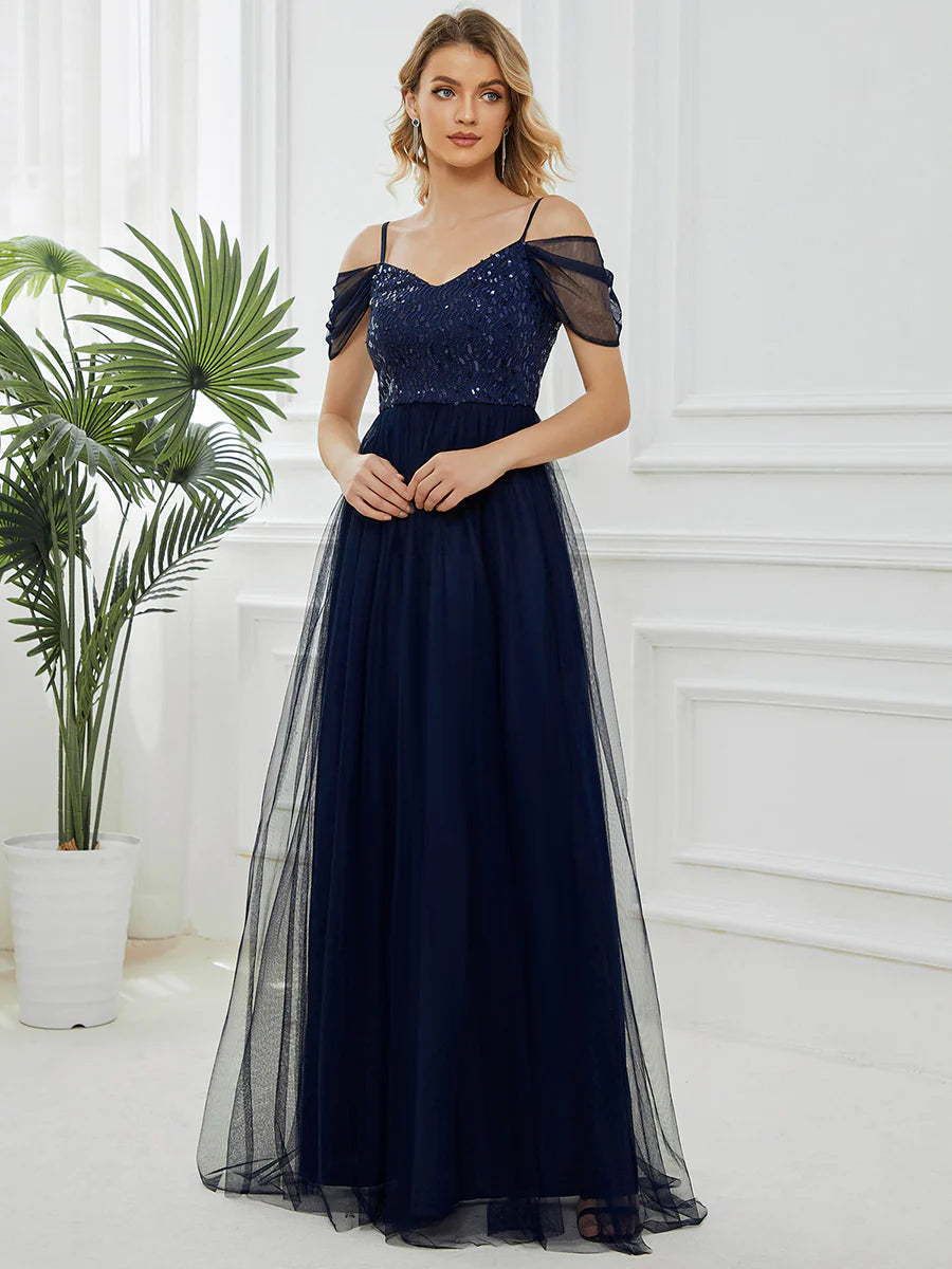 A-Line Sweetheart Neckline Ruffle Sleeve Tulle Wholesale Bridesmaid Dress