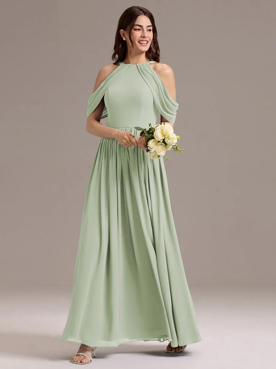 Mass Customization Sleeveless Cold Shoulder A-Line Floor Length Non-Stretch Bridesmaid Dresses