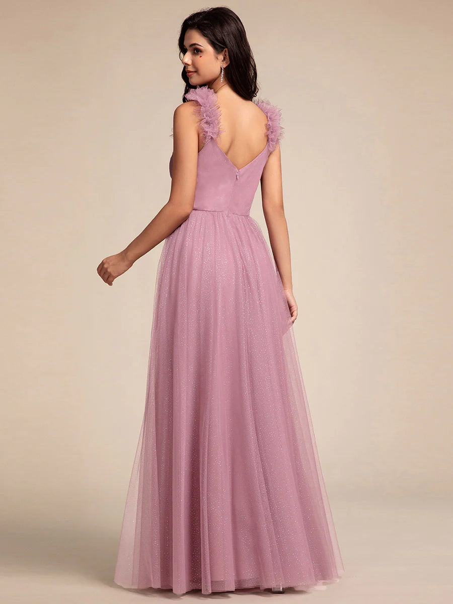 Romantic Deep V Neck Flying sleeve Tulle Bridesmaid Dresses with Gold Stamping Pleated decoration