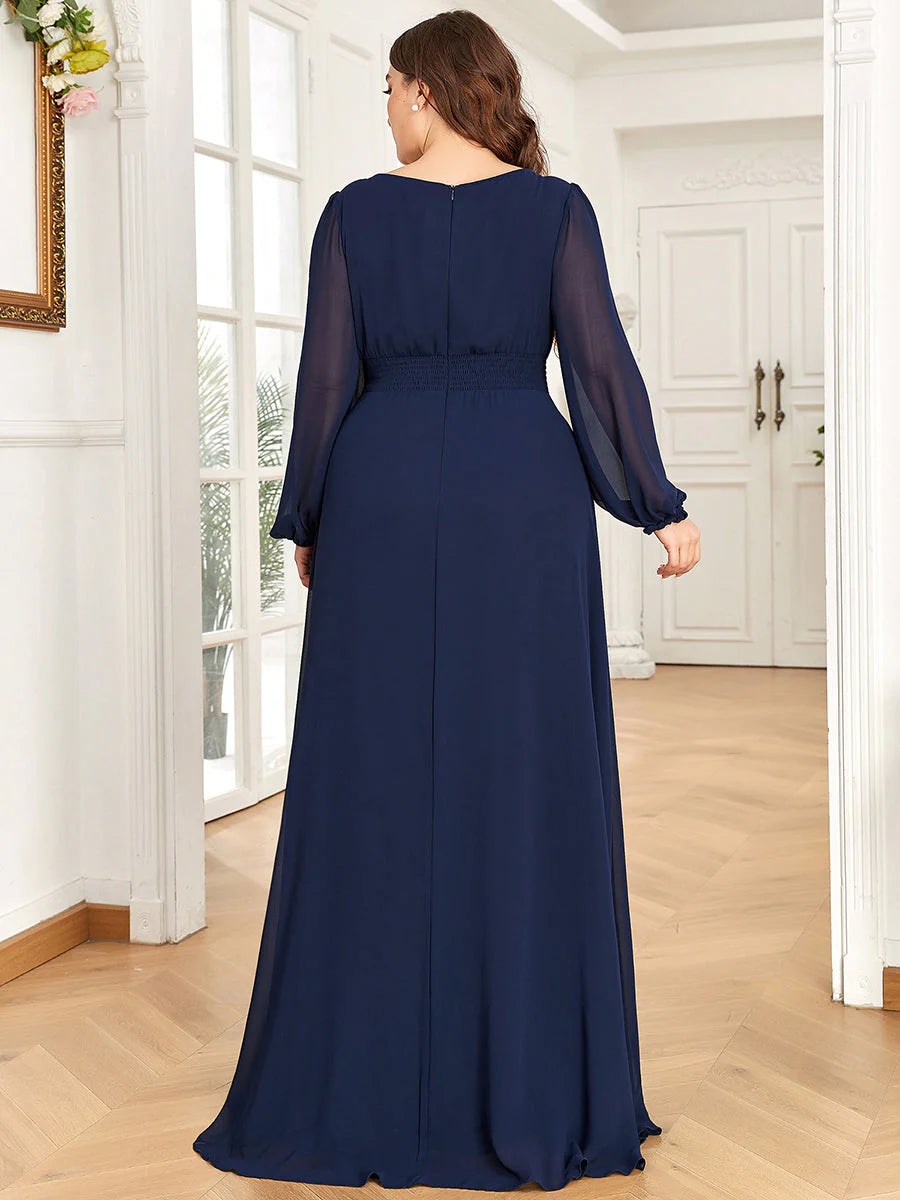 Plus Size Round Neck Wholesale Bridesmaid Dresses with Long Lantern Sleeves
