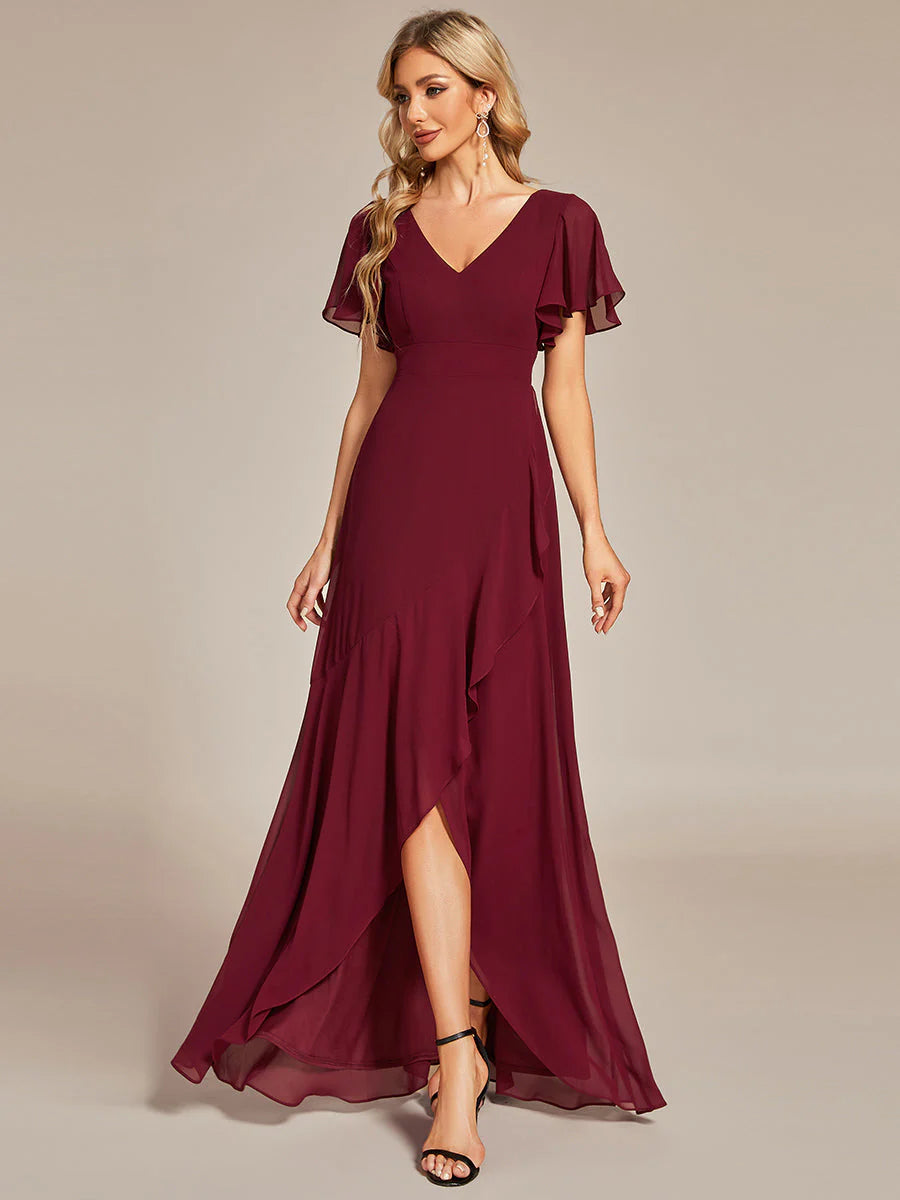Plus V Neck High Low Ruffles Chiffon Wholesale Bridesmaid Dresses