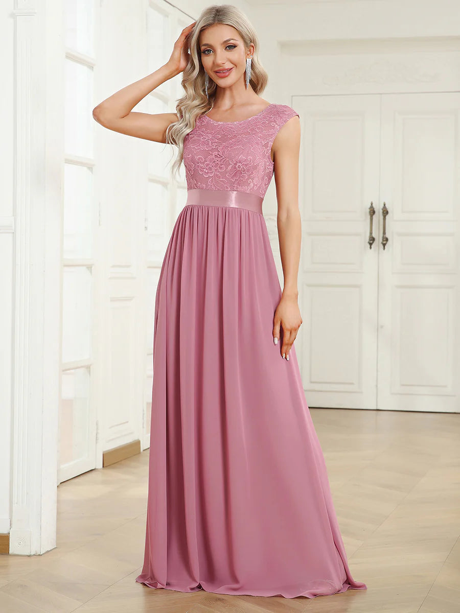 Wholesale V Back Belted Lace & Chiffon Bridesmaid Dresses