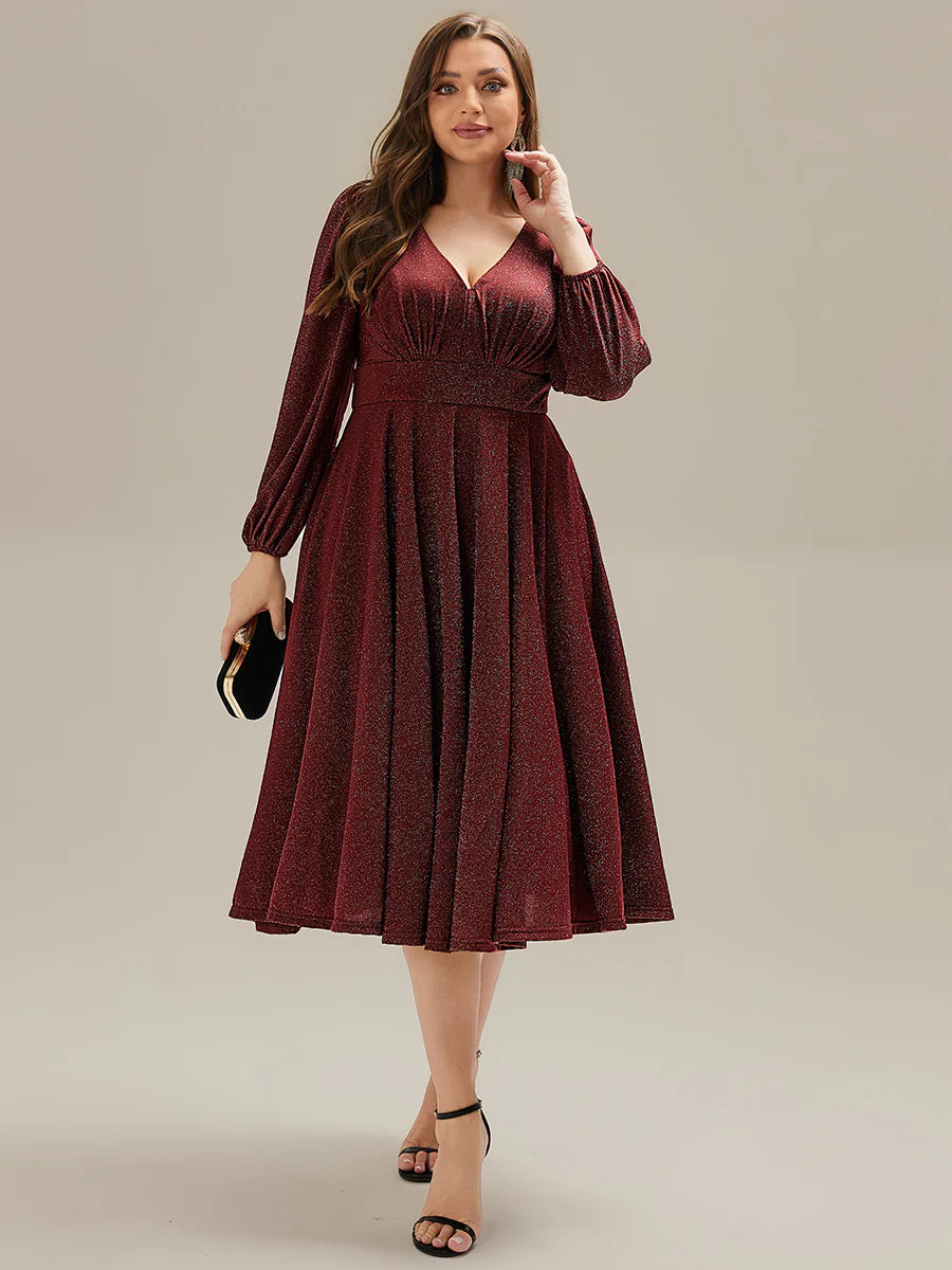 Long Sleeve V-Neck Gathered A-Line Midi Wedding Guest Dresses
