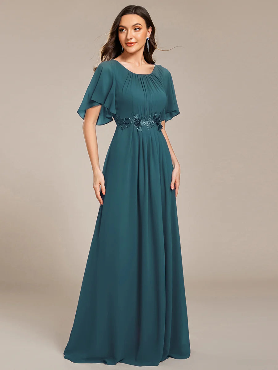 Short Sleeves Pleated Applique A-Line Floor-Length Formal Evening Dress