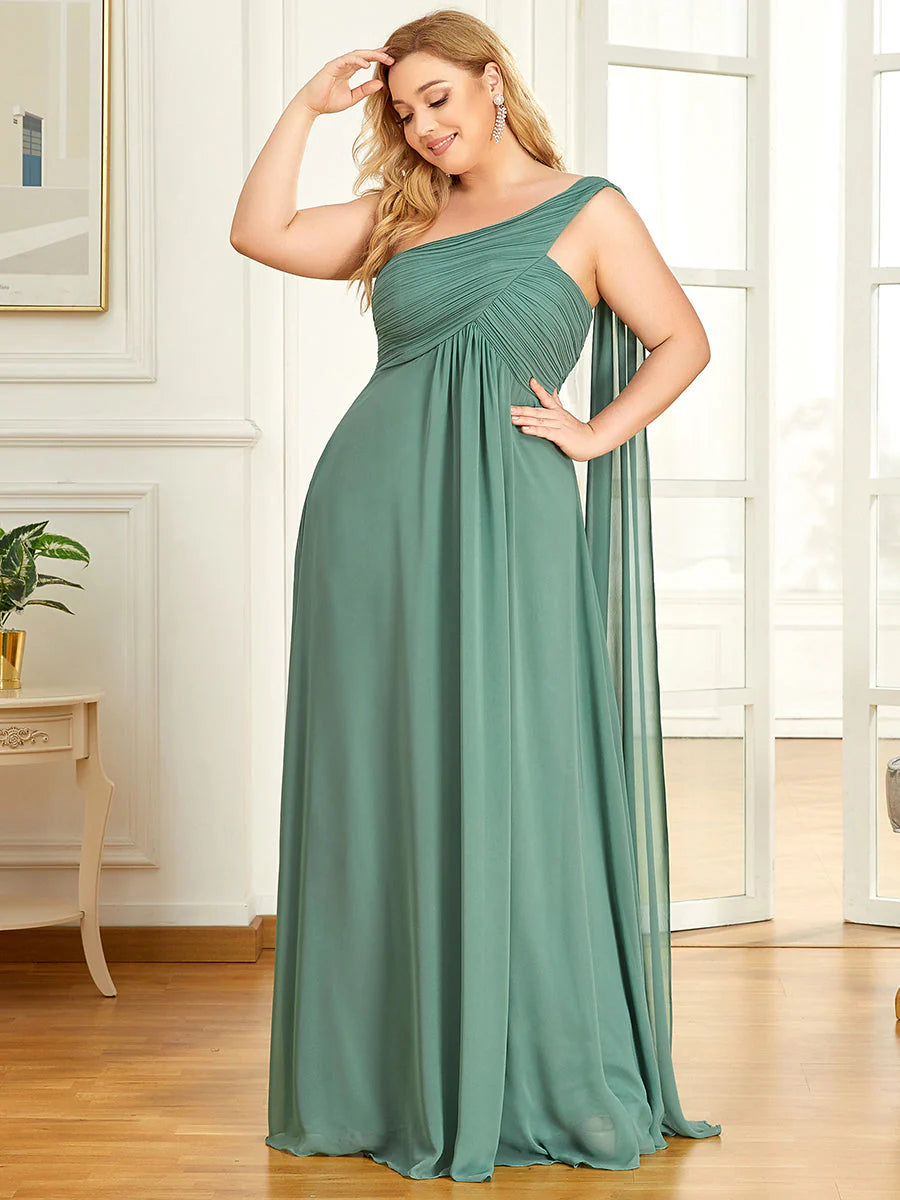 One Shoulder Chiffon Ruffles Plus Size Long Evening Dresses