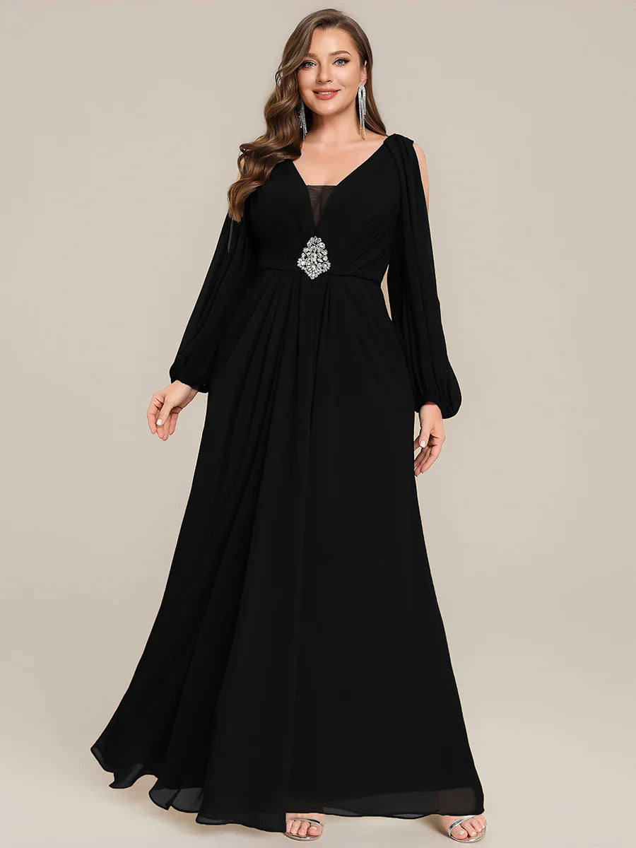 Volume Discounts Long Sleeve Lantern Sleeve A-Line Floor Length V-Neck Wedding Guest Dresses