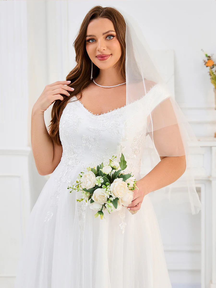 Plus Size Short Sleeve Cold Shoulder Deep V-Neck A-Line Floor Length Wedding Dresses