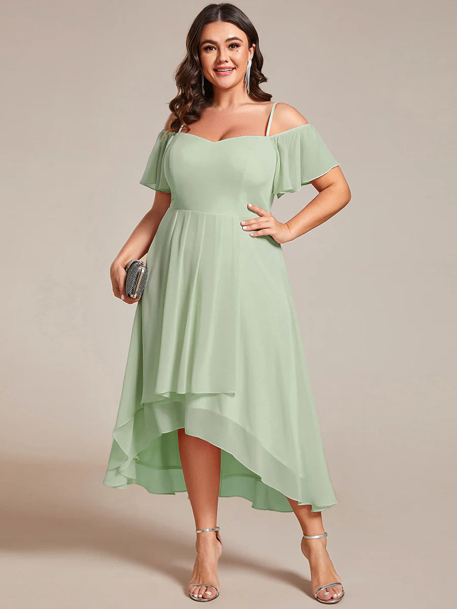 Plus Size Chiffon Spaghetti Strap Cold Shoulder Tea Length Wedding Guest Dress