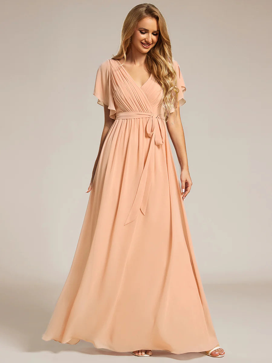 Short Sleeve Ruffle Deep V-Neck A-Line Floor Length Evening Dresses