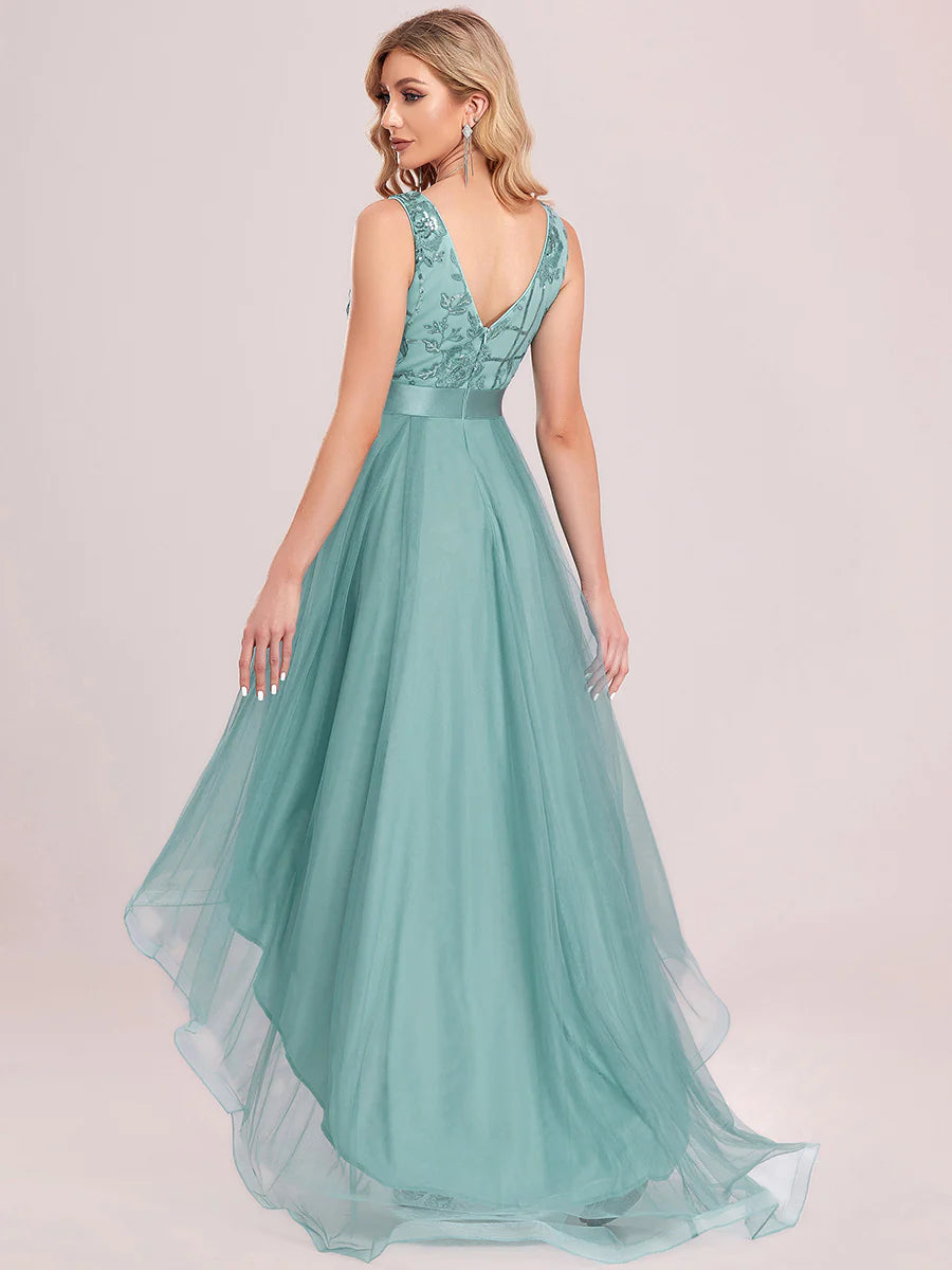 High-Low V Neck Tulle Wholesale Prom Dresses with Sequin Appliques