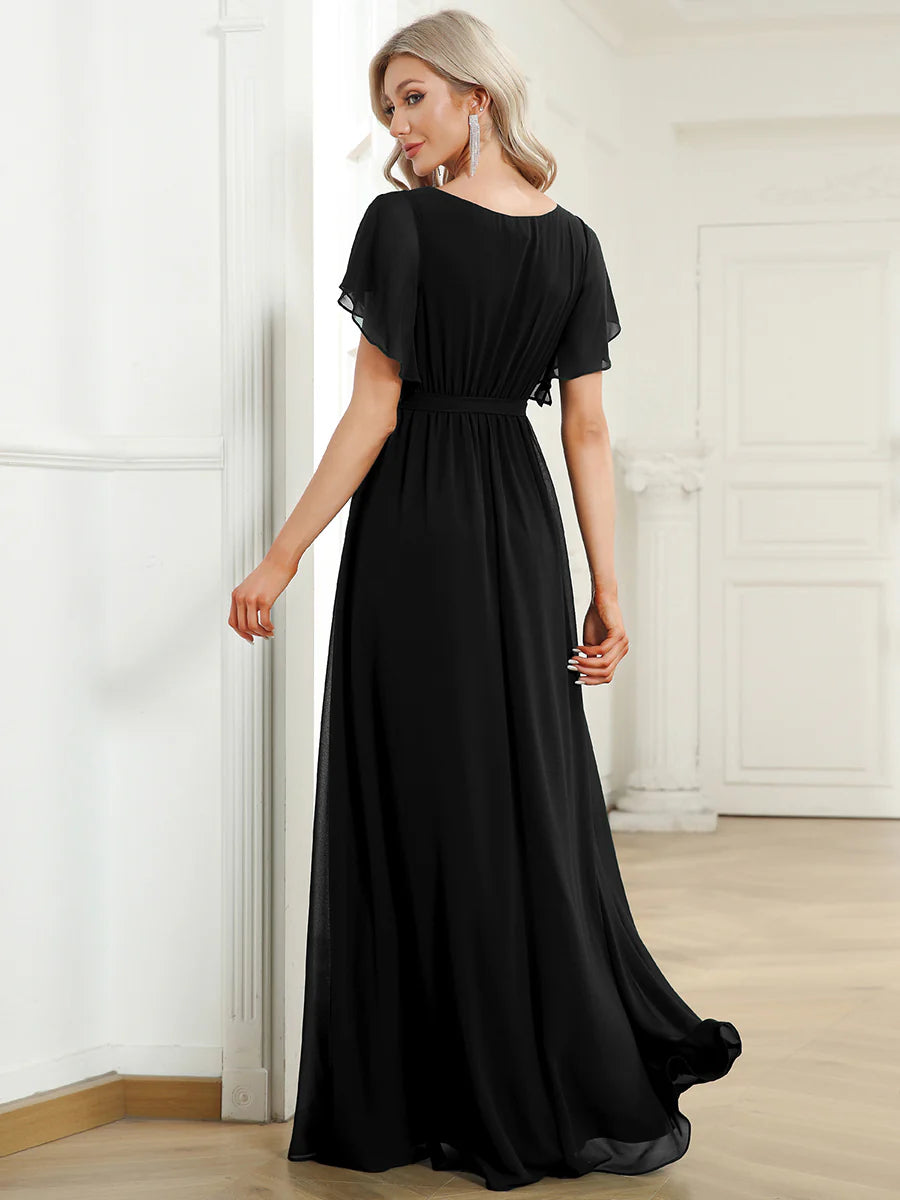 A Line Wholesale Evening Dresses with Deep V Neck Ruffles Sleeves