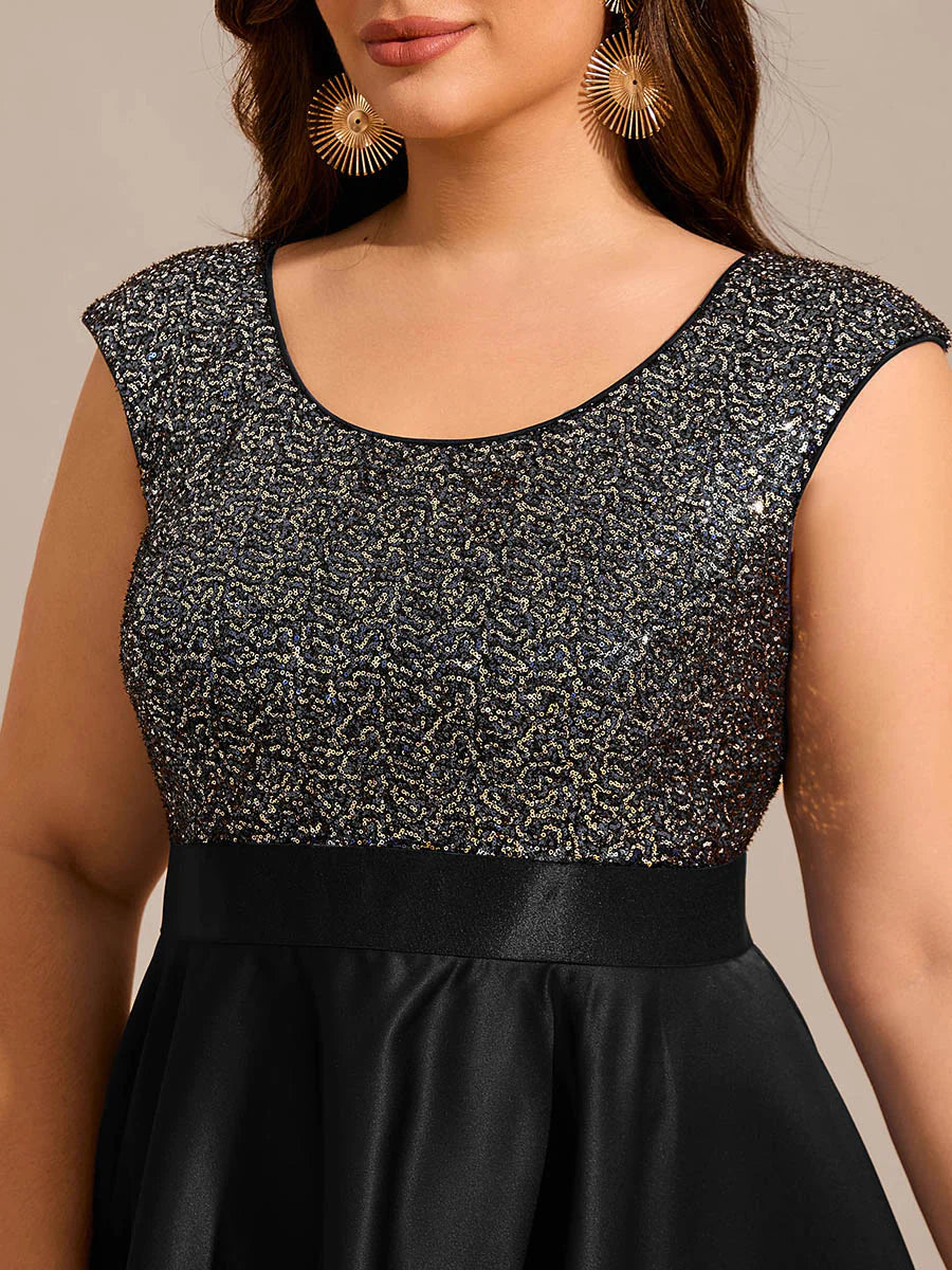 Plus Size Elegant Round Neck Asymmetrical Hem Sequin Contrast Satin Dresses with Raglan Sleeves