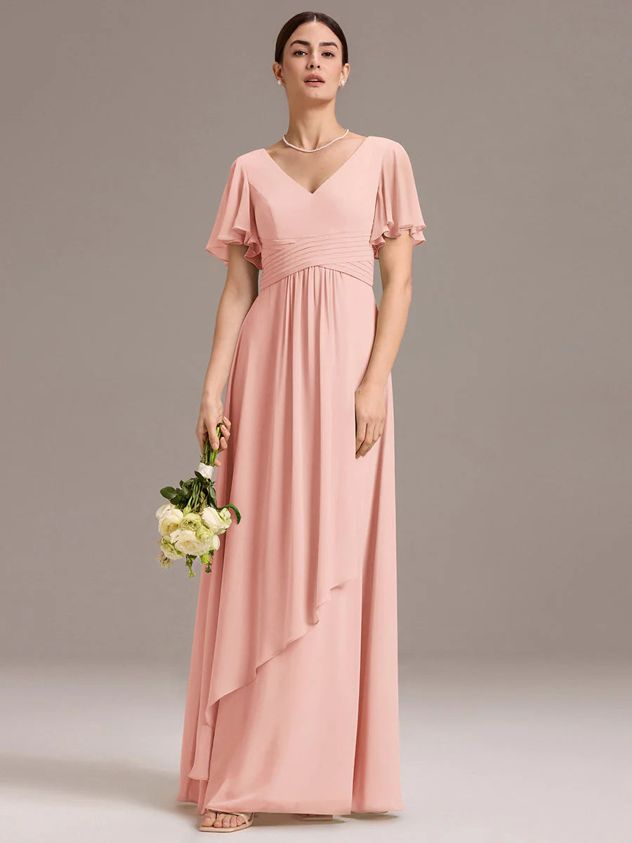 Wholesale | Customizable Double V-Neck Ruffled-Sleeve A-Line Chiffon Dress