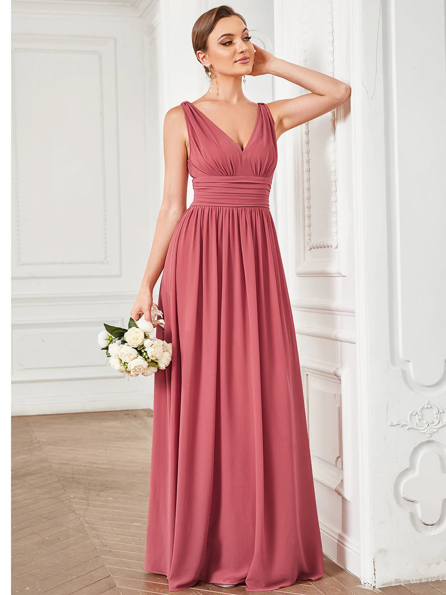 Elegant Double V-Neck Maxi Long Wholesale Bridesmaid Dresses