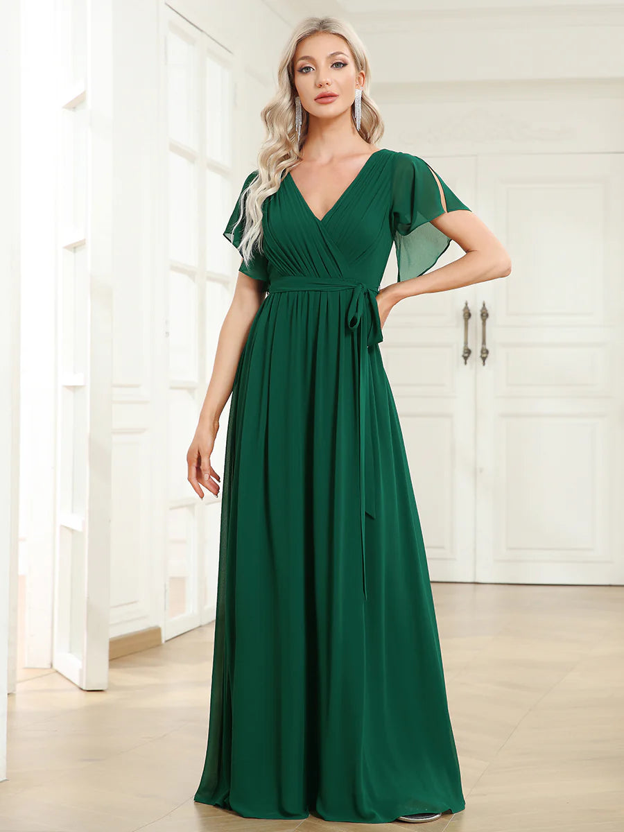 A Line Wholesale Evening Dresses with Deep V Neck Ruffles Sleeves