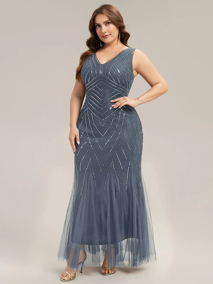 Commercial Wholesale Sleeveless High Stretch Fishtail Beaded V-Neck Evening Dresses