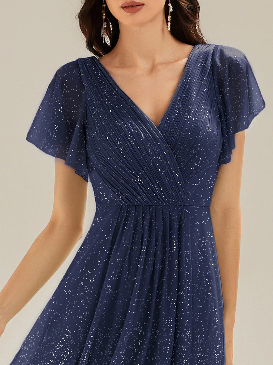 Short Sleeve Ruffle V-Neck Pleated Glitter A-Line High-Low Wedding Guest Dresses