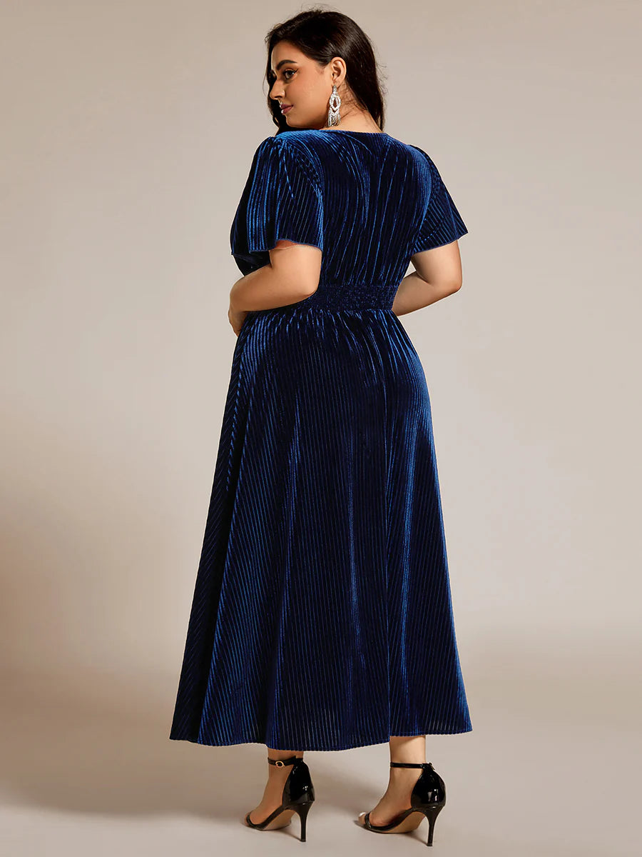 Plus-Size-V-Neck Tea Length Velvet Wedding Guest Dresses