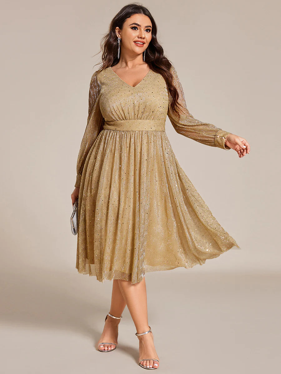 Plus Size Elegant Long Lantern Sleeve Midi Length Sequin Tulle Dresses with Shimmer Decoration