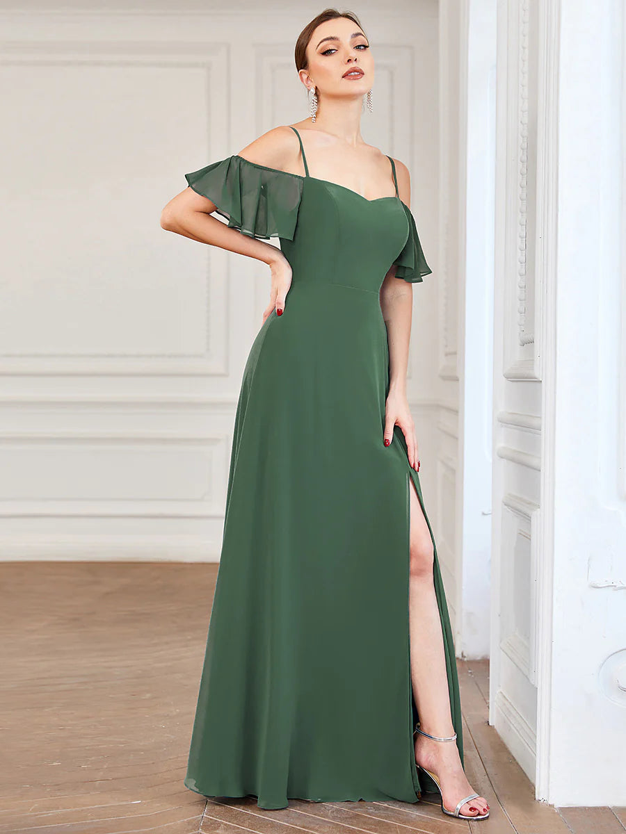 Wholesale High Split Chiffon Bridesmaid Dress With Spaghetti Straps