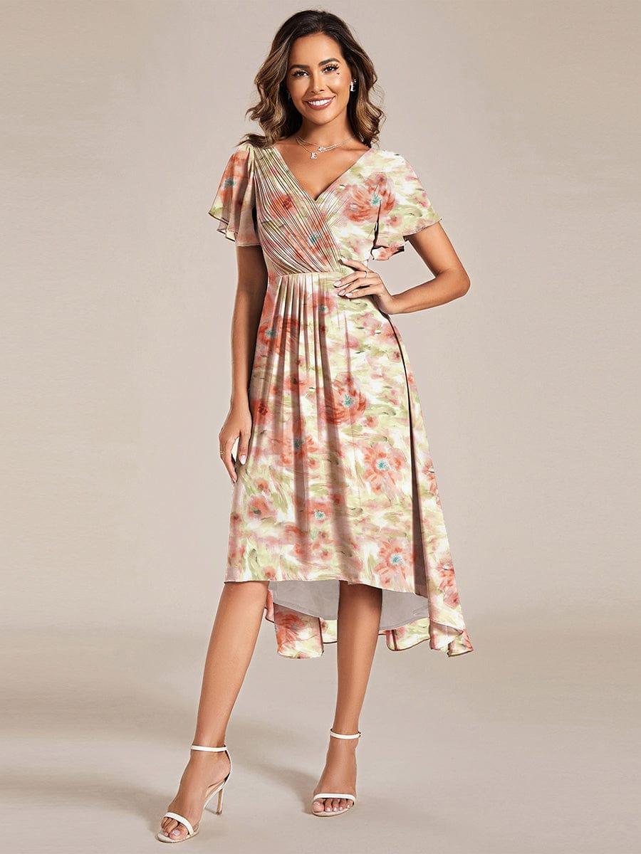 Ever FAYE|Floral V Neck High-Low Short Sleeve Wedding Guest Dress
