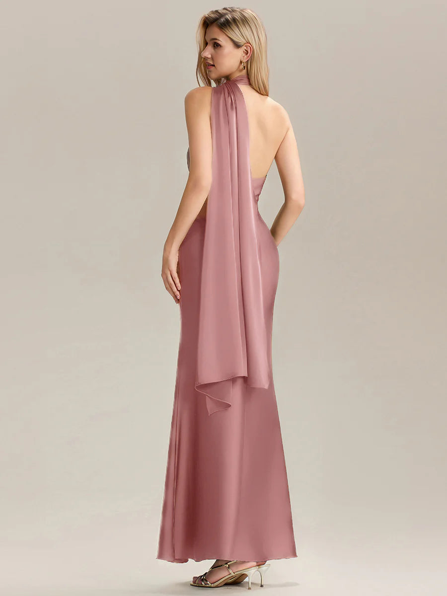 Short Sleeves V-Neck Backless Fishtail Floor Length Bridesmaid Dresses