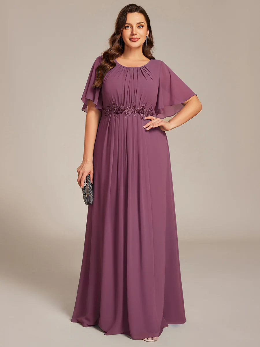 Short Sleeves Pleated Applique A-Line Floor-Length Formal Evening Dress