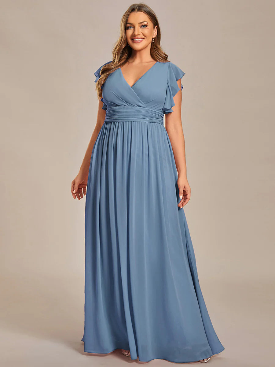 Plus V Neck Pleated Belted Ruffles Wholesale Bridesmaid Dresses