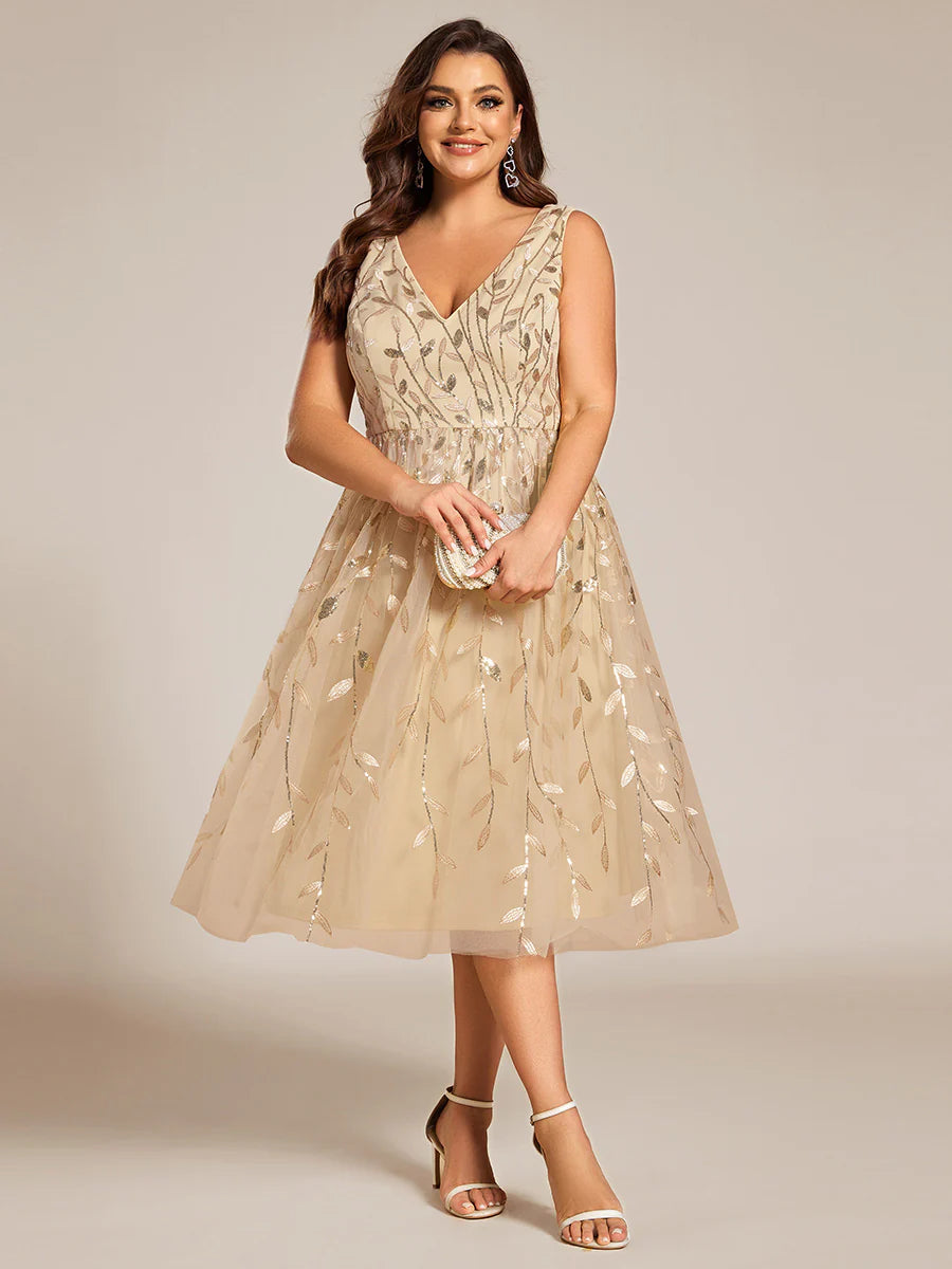 Plus Size V-Neck Sequin Midi Wedding Guest Dress With Sleeveless