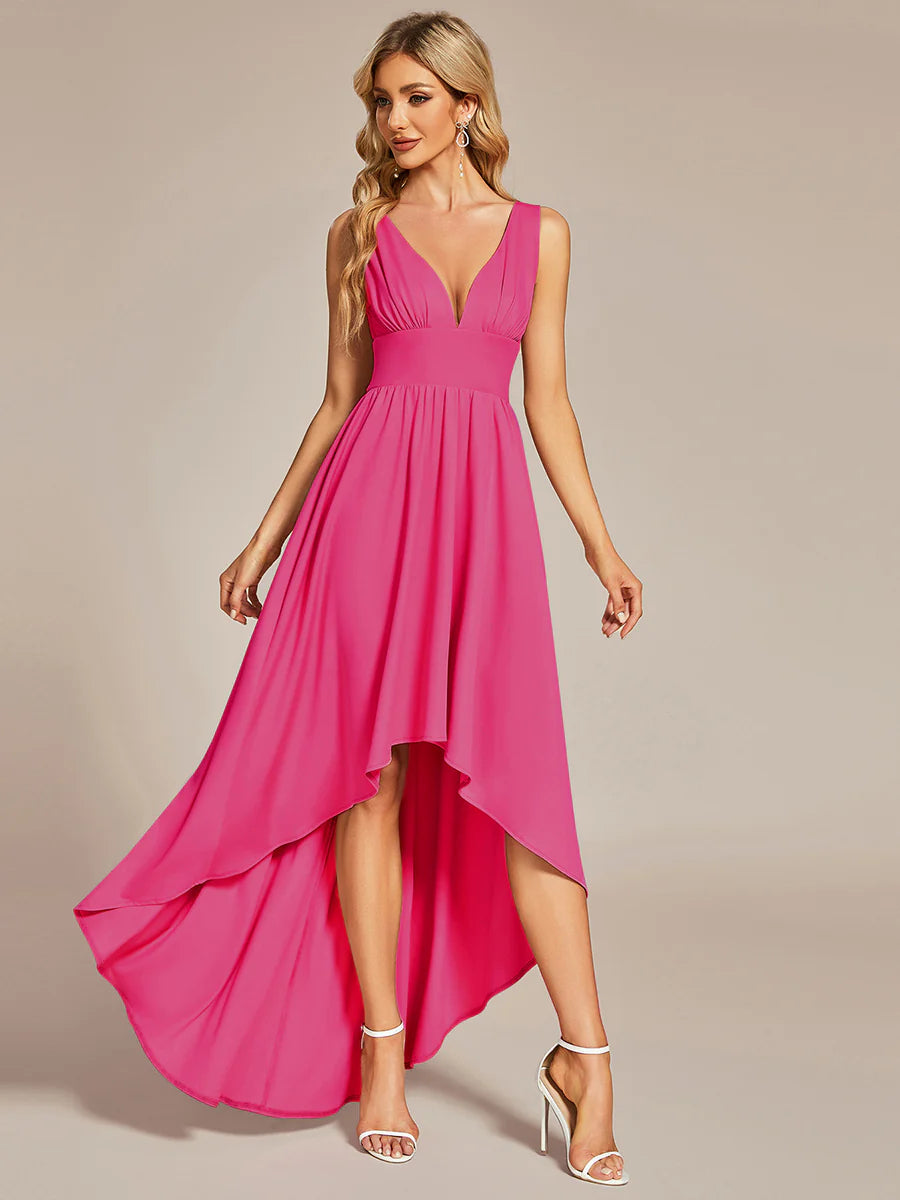 High Low Deep V Neck Sleeveless Wholesale Bridesmaid Dresses