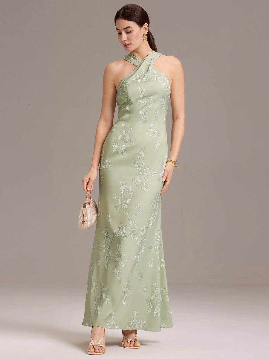 Sleeveless Halter Neck Mermaid Floor Length Dress with Floral Ribbon Bridesmaid dresses