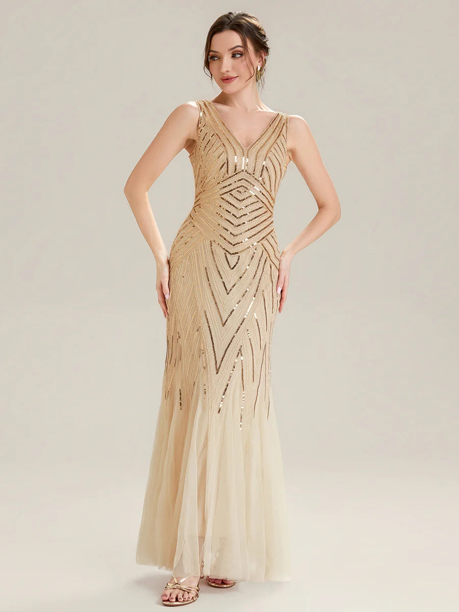 Commercial Wholesale Sleeveless High Stretch Fishtail Beaded V-Neck Evening Dresses