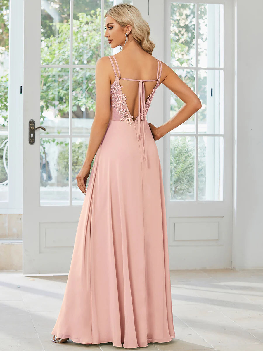 Lace V Back Chiffon Wholesale Bridesmaid Dresses