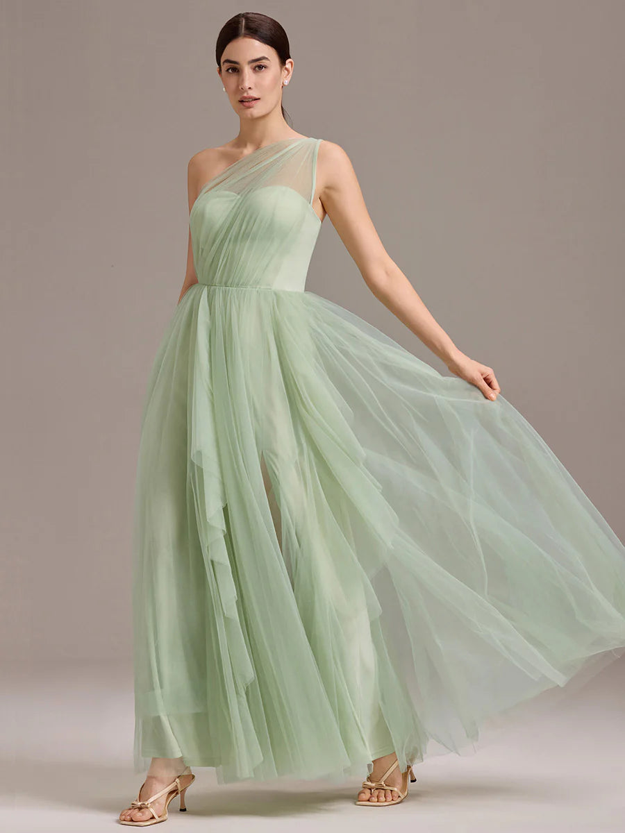 Sleeveless Asymmetrical A-Line Floor Length Dress with Thigh-High Slit, Bridesmaid Dresses