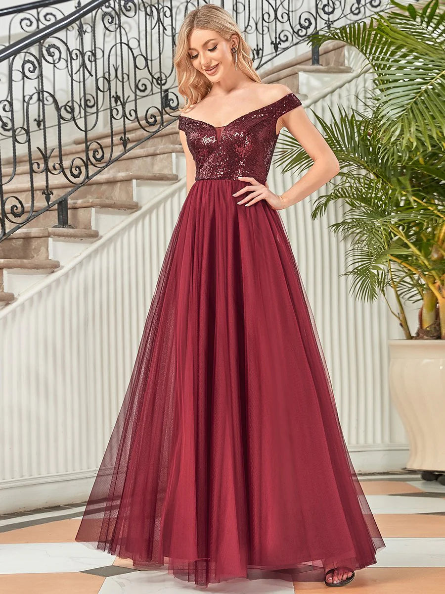Wholesale High Waist Tulle & Sequin Sleeveless Evening Dress