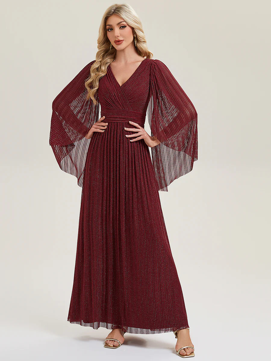 B2B-Exclusive Long Sleeve Batwing Deep V-Neck A-Line Floor Length Evening Dresses