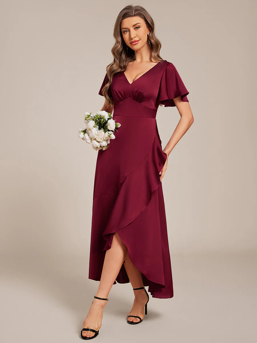 Short Sleeve Ruffled V-Neck Asymmetrical Hem Midi Bridesmaid Dress