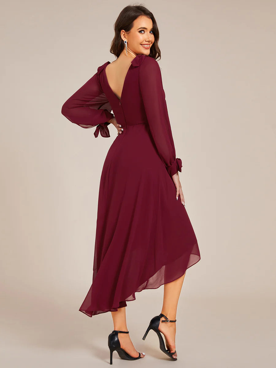 Elegant Butterfly Design Long Sleeves Midi Length A-Line Asymmetrical Hem Chiffon Dresses