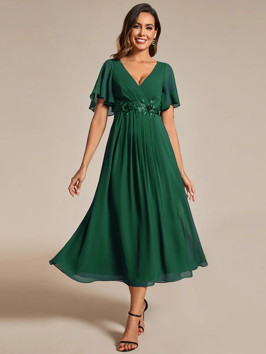 Applique V Neck Tea Length Wedding Guest Dress With Short Sleeves
