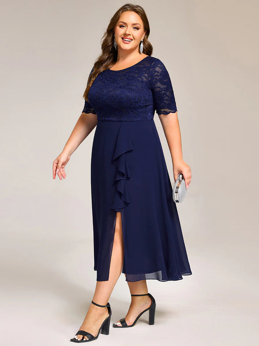 Plus Size Embroidery Split Nine-length Chiffon Evening Dresses