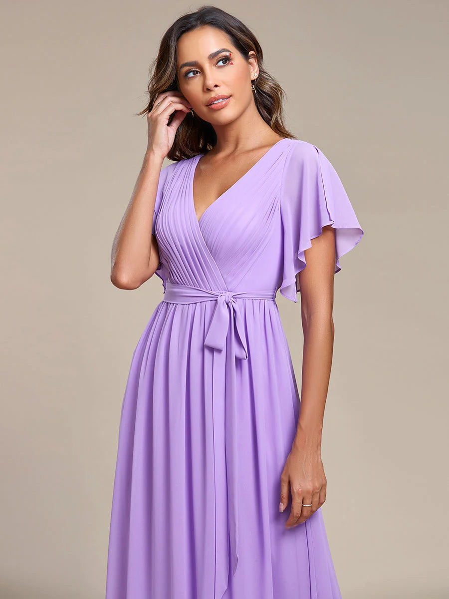 A Line Wholesale Evening Dresses with Deep V Neck Ruffles Sleeves