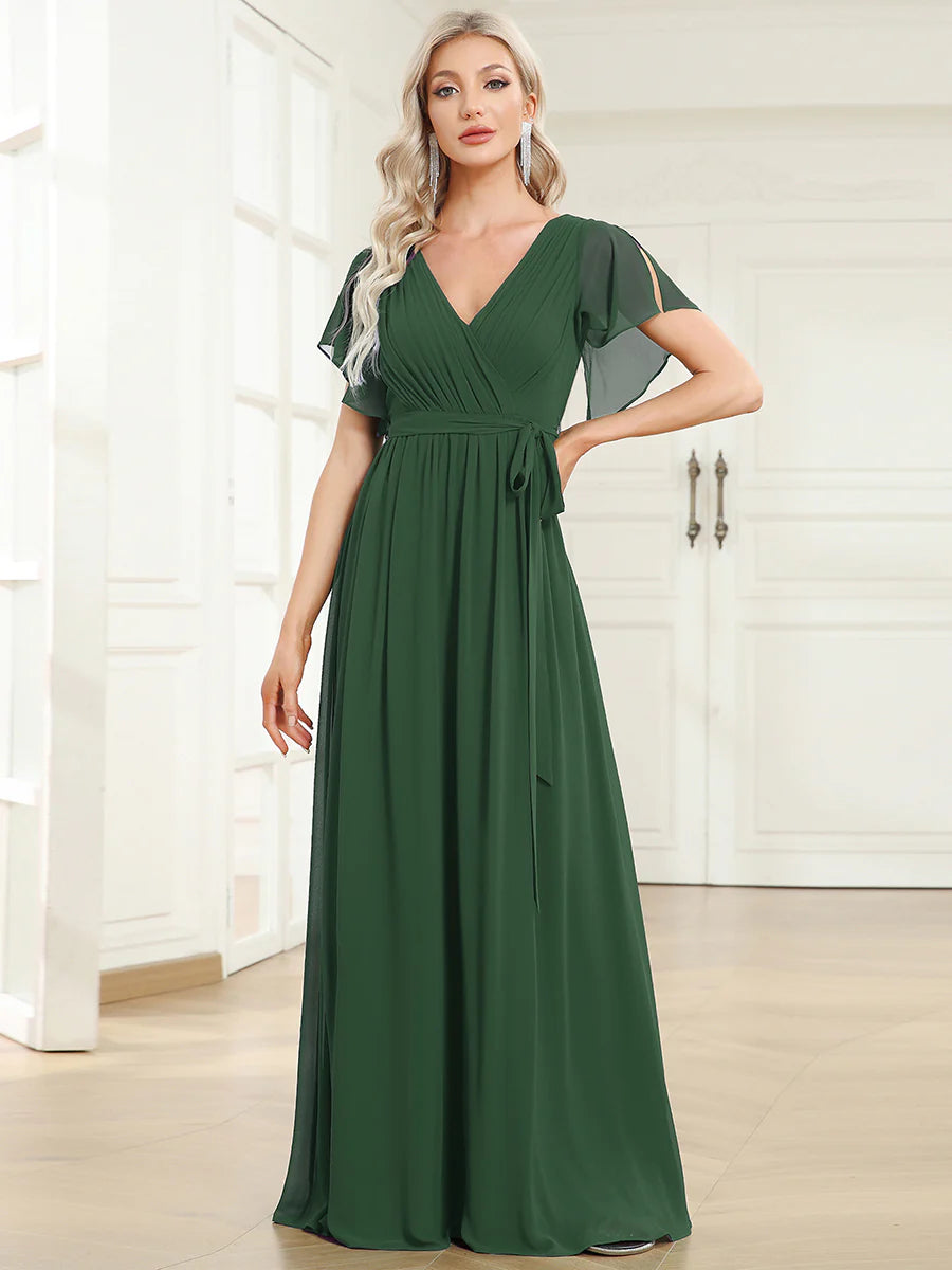 A Line Wholesale Evening Dresses with Deep V Neck Ruffles Sleeves