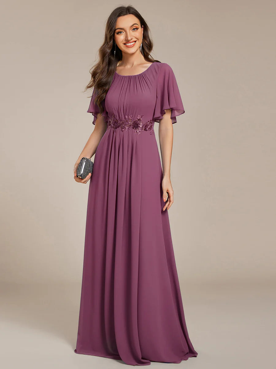 Short Sleeves Pleated Applique A-Line Floor-Length Formal Evening Dress