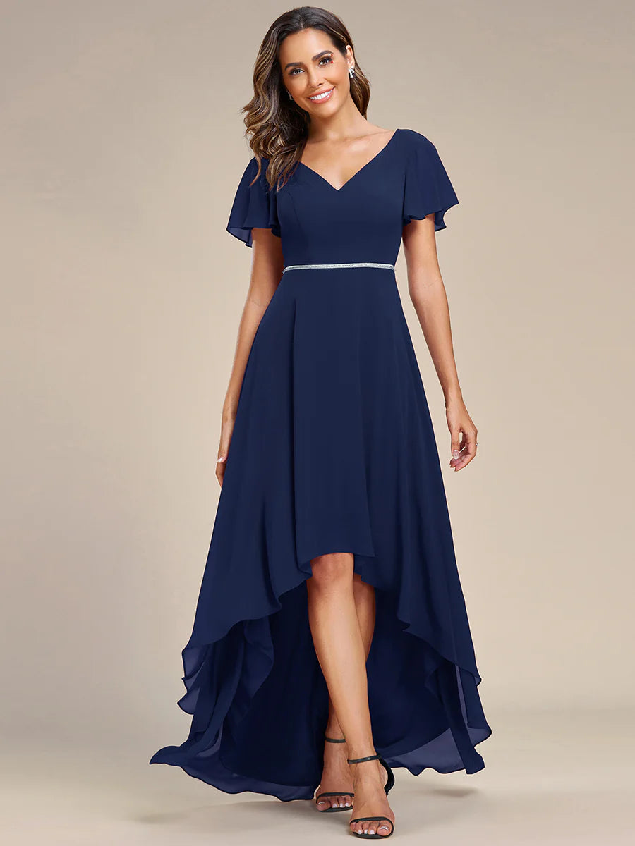High Low Short Sleeve Chiffon Wholesale Evening Dresses