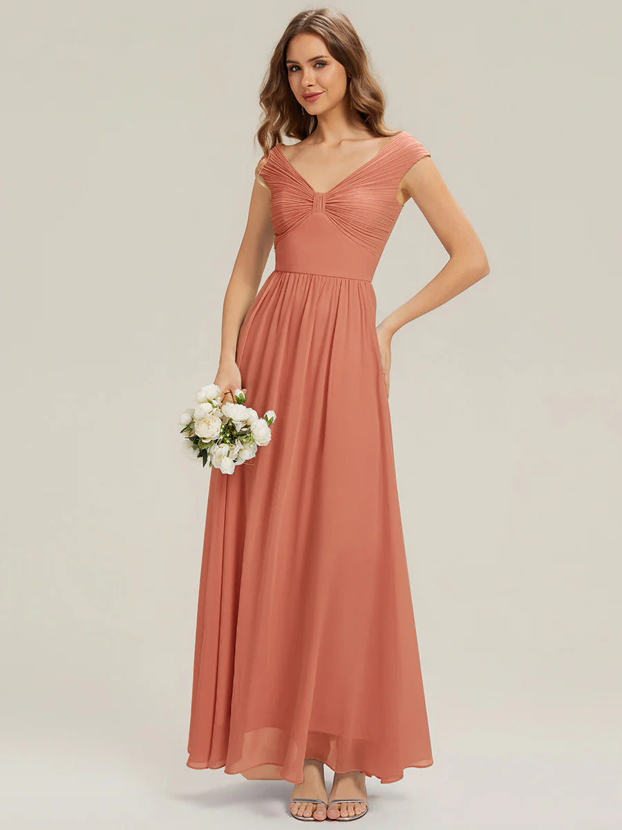 Commercial Wholesale Sleeveless Off Shoulder Deep V-Neck Pleated A-Line Floor Length Bridesmaid Dresses
