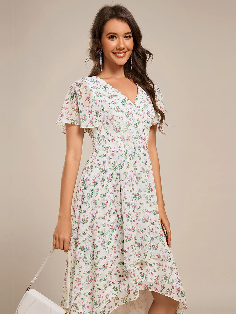 Short Sleeve Ruffled V-Neck Pleated Asymmetrical Midi Wedding Guest Dresses