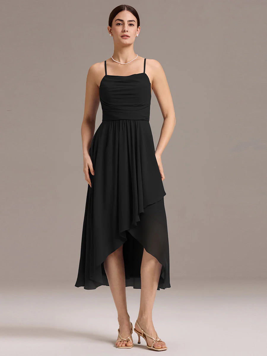 Custom Solutions Sleeveless Cowl Neck High-Low A-Line Non-Stretch Bridesmaid Dresses