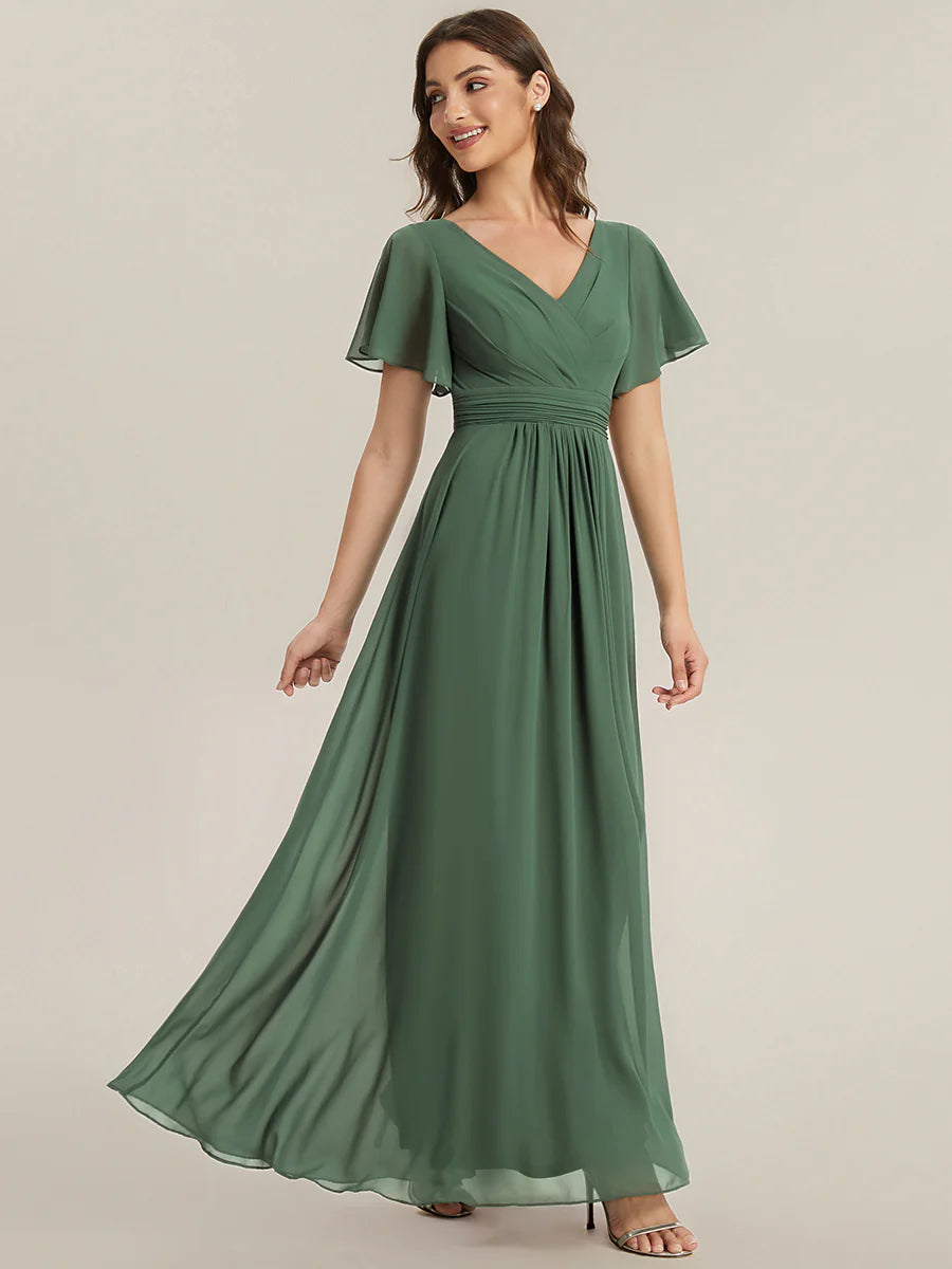 B2B-Exclusive Short Sleeve V-Neck A-Line Floor Length Dress with Thigh-High Slit, Bridesmaid Dresses