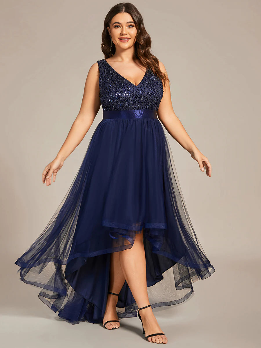 Plus Size Sparkling Wholesale Evening Dresses with Asymmetrical Hem Deep V Neck