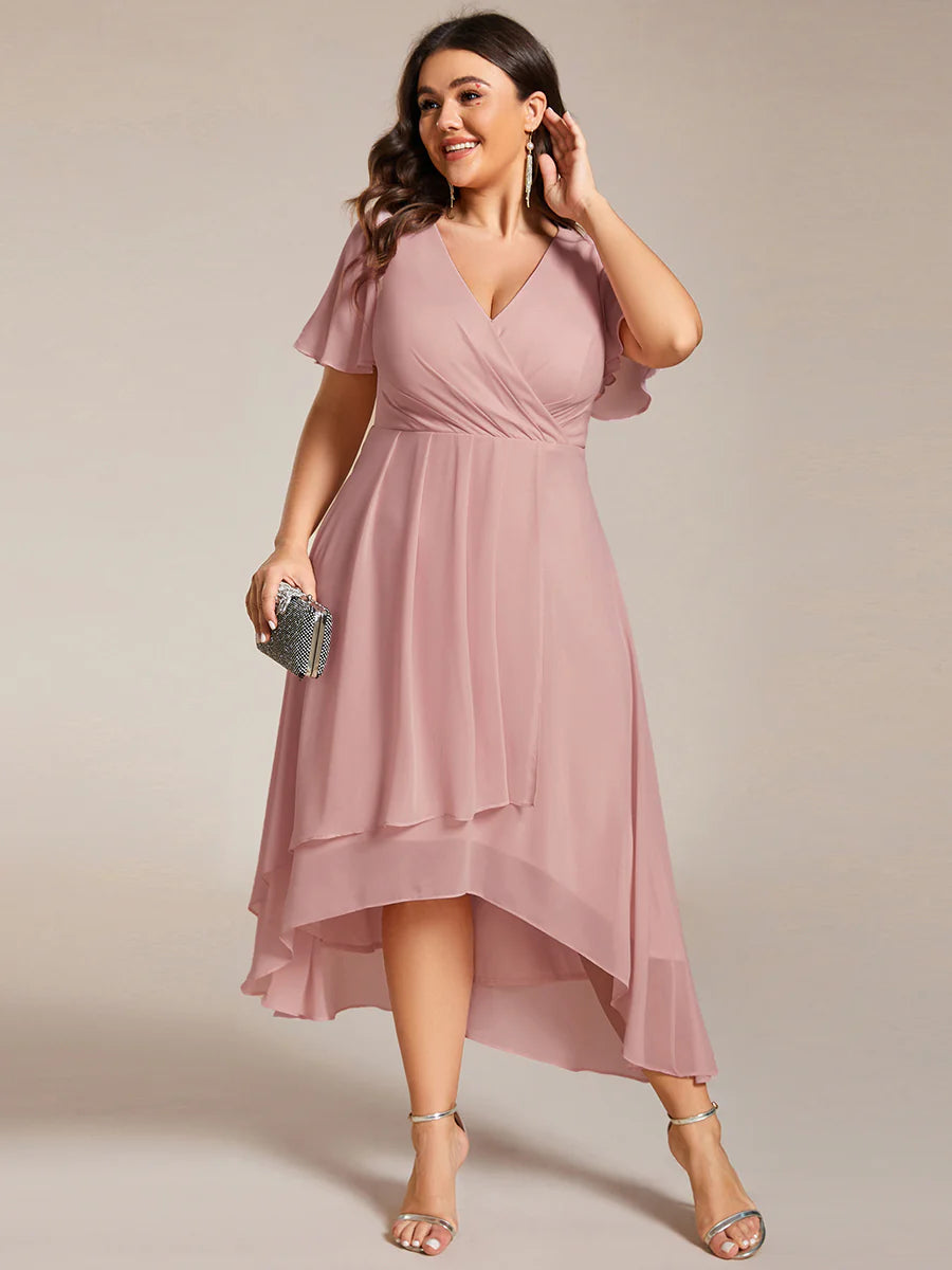 Plus V-Neck Midi Chiffon Wedding Guest Dresses with Ruffles Sleeve